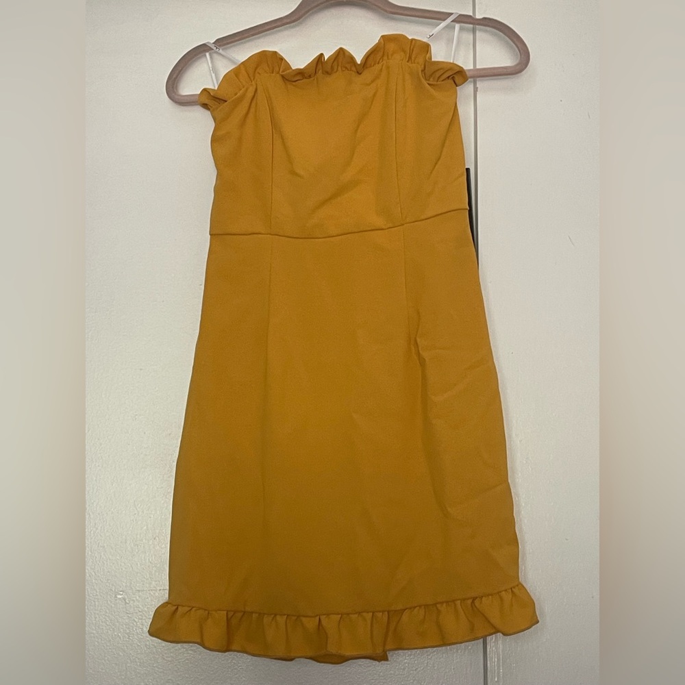 Lulu's Golden Yellow Strapless Ruffled Bodycon Dress